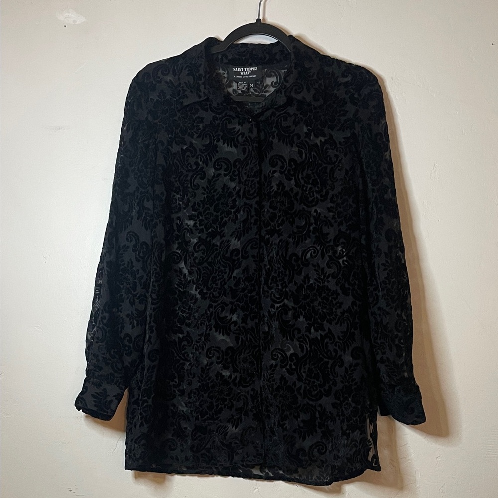 Saint Tropez by Carole Little Black Burnout Velvet Floral Design Blouse Sz M